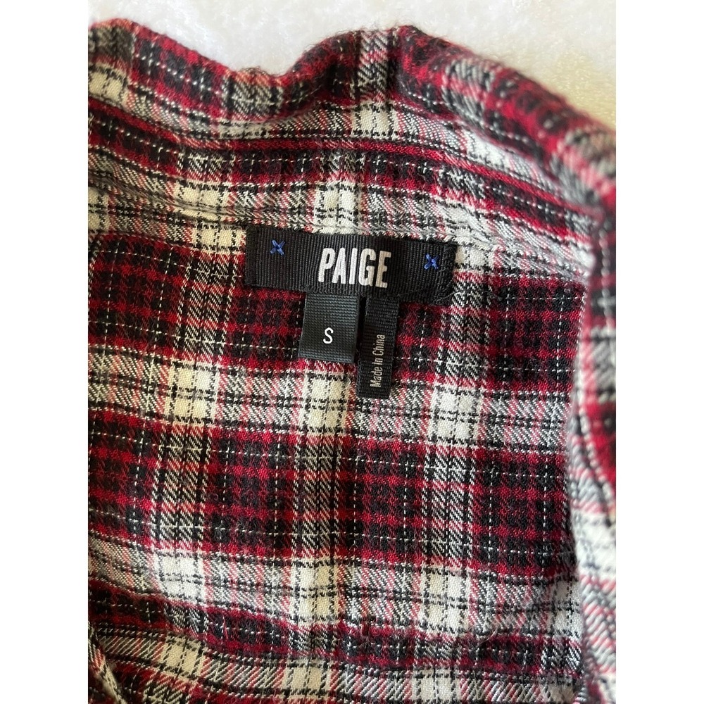 PAIGE Womens Small Plaid Flannel Button Down Shirt Burgundy Black Cotton Rayon - Picture 7 of 10